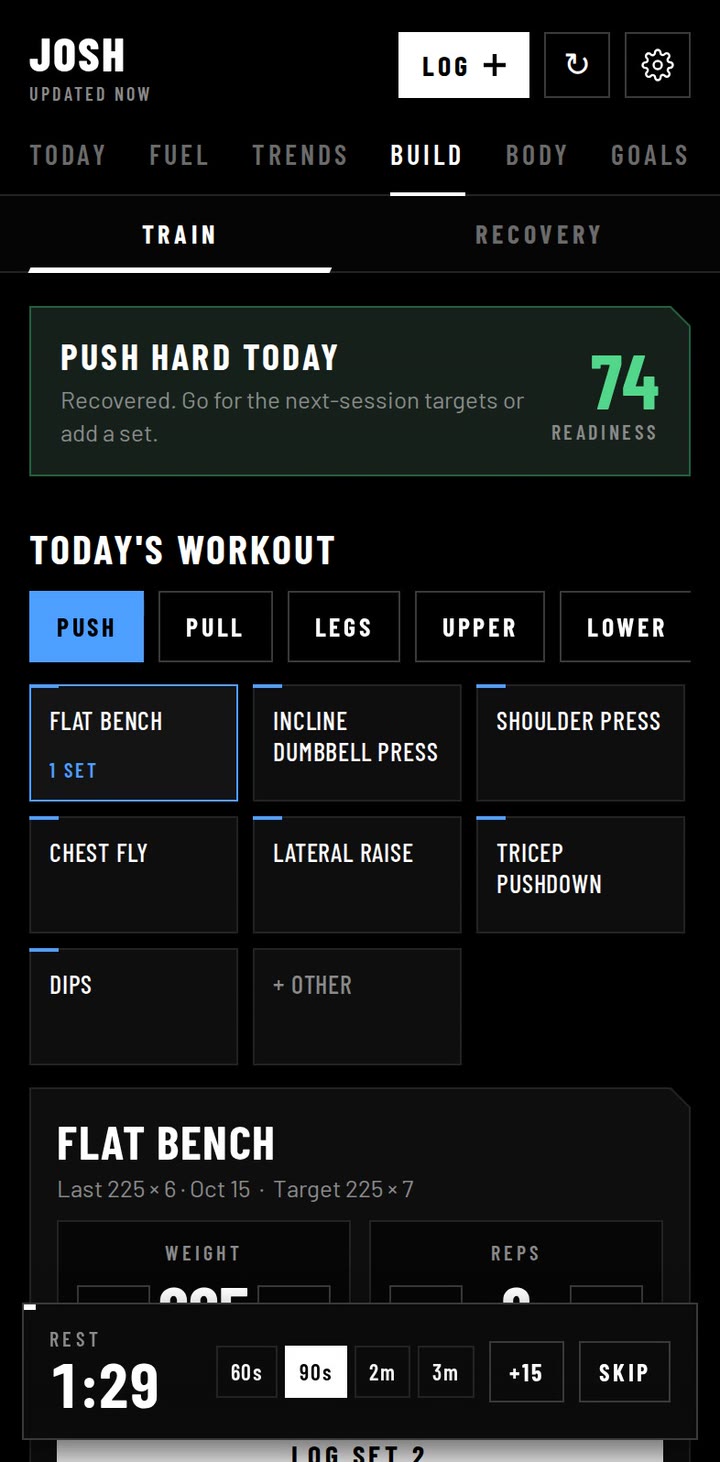 Workout logger with the rest timer running